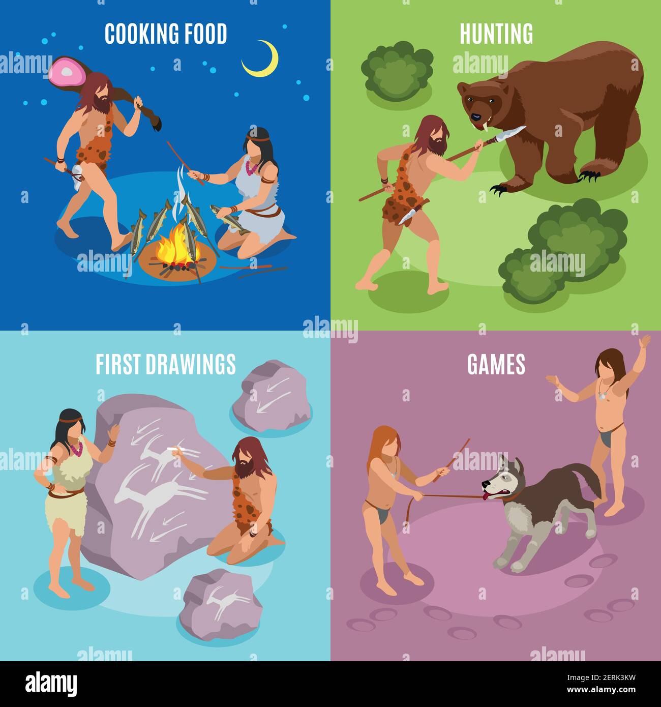 Stone age isometric concept icons set with games and drawings symbols ...