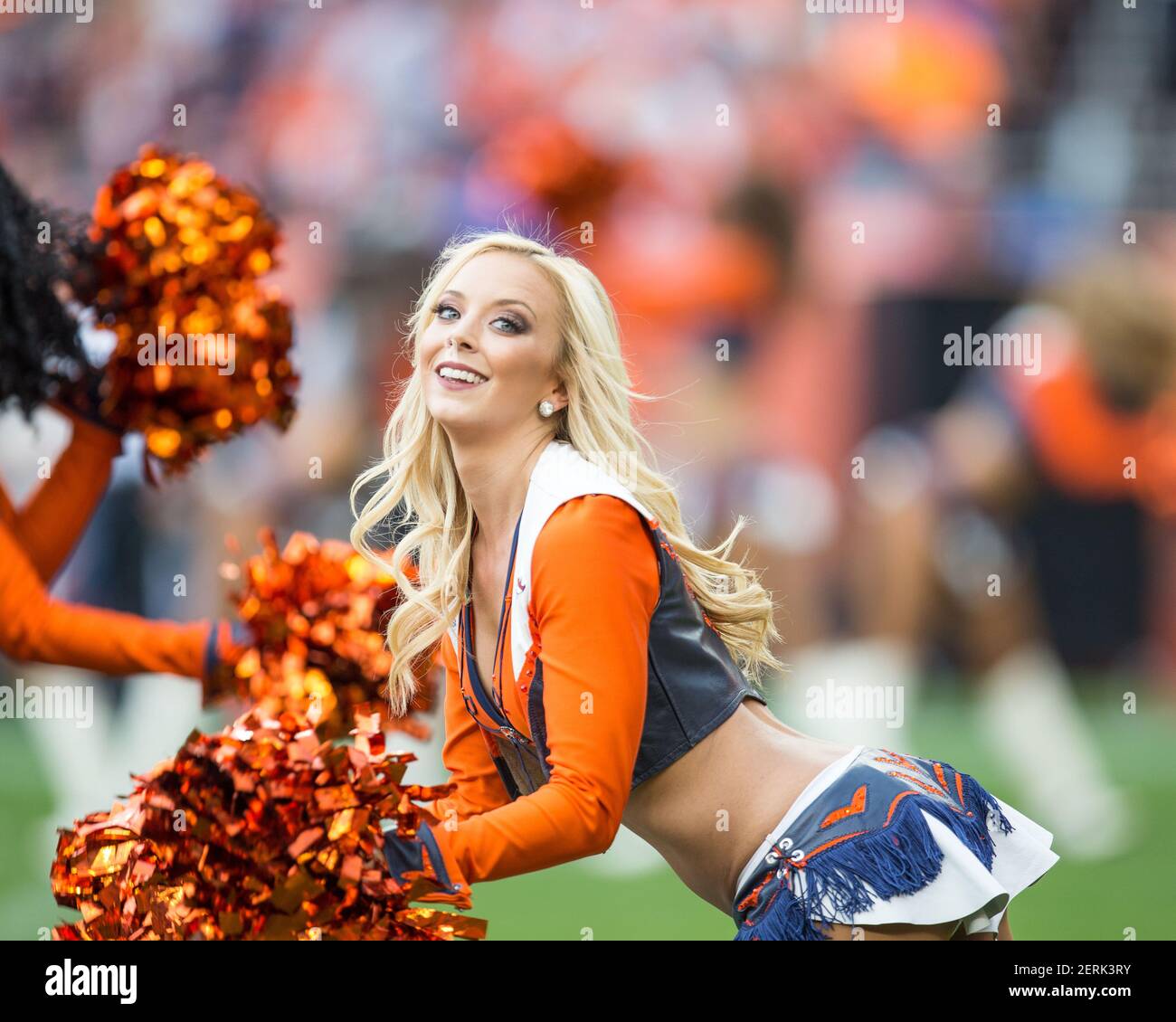 Denver, USA. September 09, 2018: Denver Broncos mascot Miles leading the  team onto the field during opening ceremonies of an NFL matchup between the  Seattle Seahawks and the Denver Broncos at Broncos