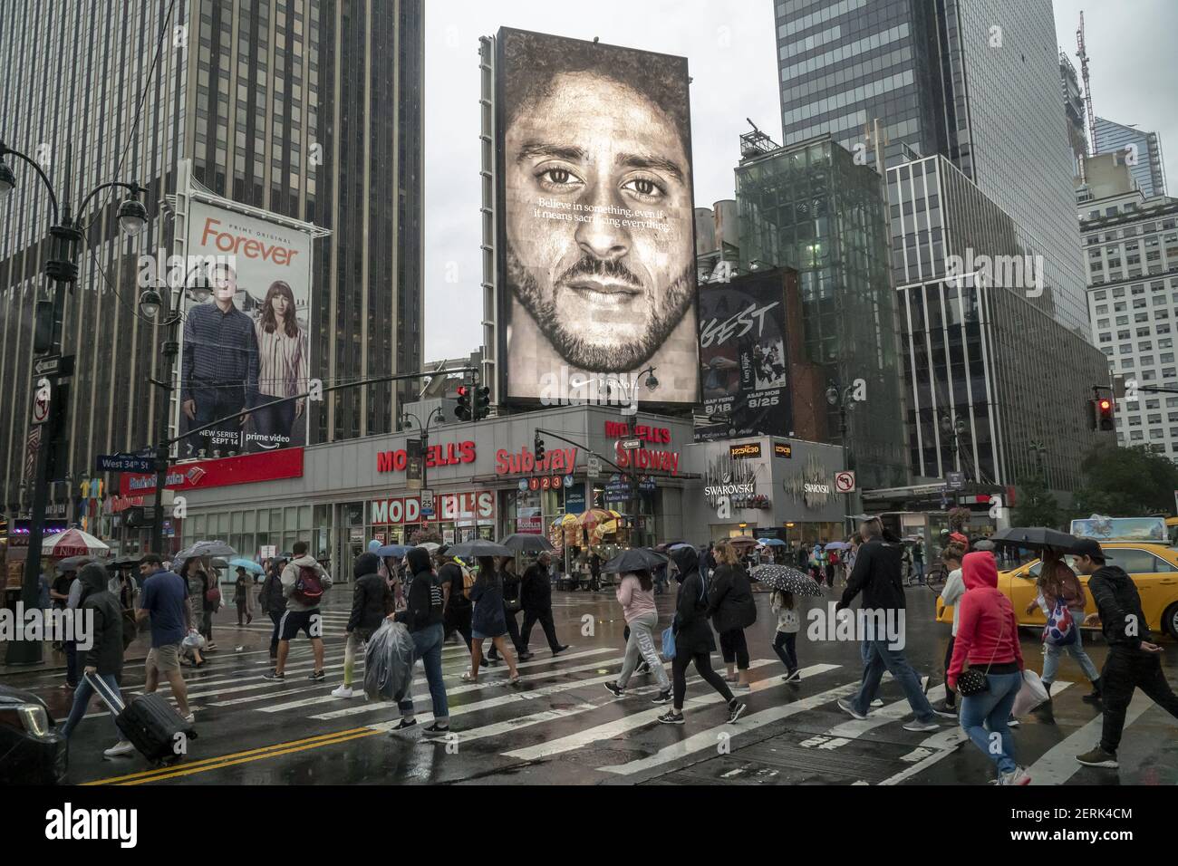 An electronic billboard for Nike products features Colin Kaepernick, the  American football quarterback who in protest against police brutality "took  a knee" during the playing of the national anthem, seen on Sunday,  September 9, 2018. The "Just Do It" ad ...