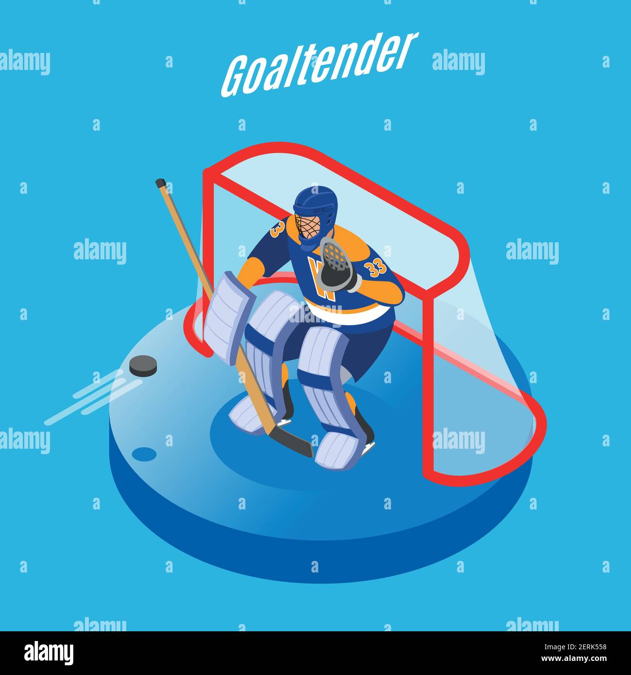 Ice hockey goaltender in full equipment protecting goal with stick