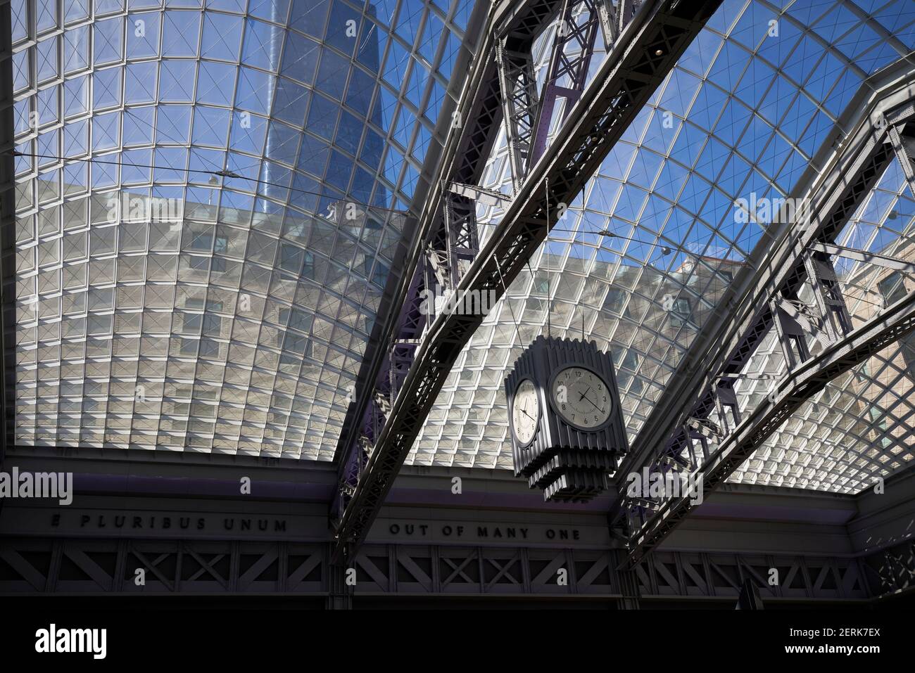 Glass roof over the interior of the Moynihan train hall at Penn Station in New York City Stock Photo
