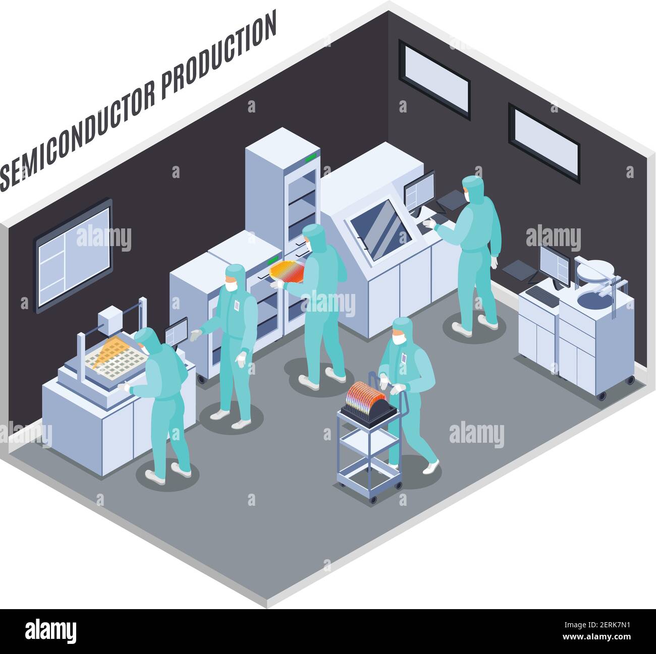 Semicondoctor production composition with technology and laboratory symbols isometric vector illustration Stock Vector