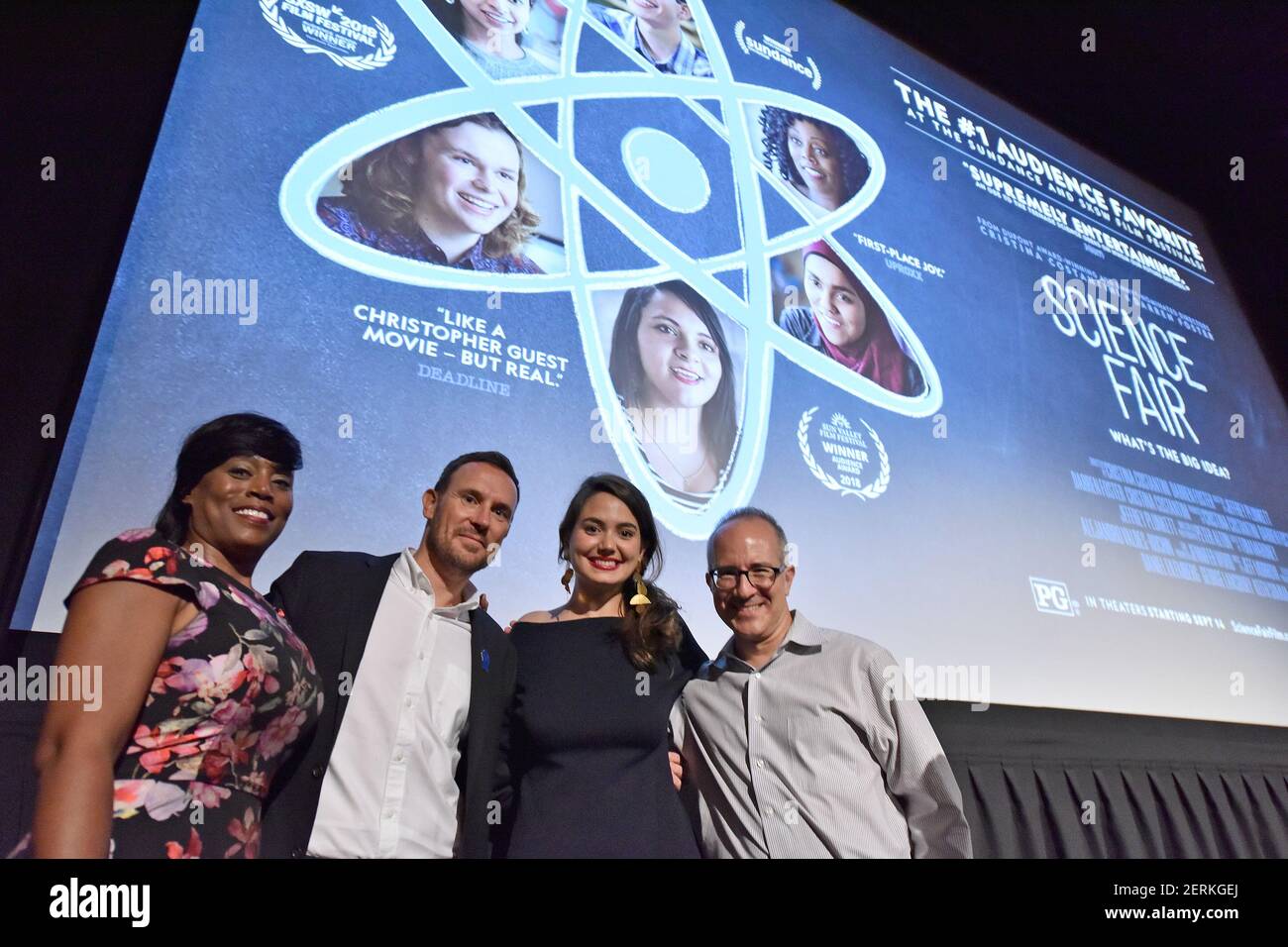 NEW YORK - SEPTEMBER 13: (L-R) Dr. Serena McCalla, director Darren Foster, director Cristina Costantini and Corey Powell hold a panel discussion after the premiere of National Geographic Documentary Films’ SCIENCE FAIR at the Metrograph in New York City on September 13, 2018. SCIENCE FAIR follows nine high school students from around the globe as they navigate rivalries, setbacks and, of course, hormones, on their journey to compete at The International Science and Engineering Fair. (Photo by Anthony Behar/National Geographic/PictureGroup/Sipa USA) Stock Photo