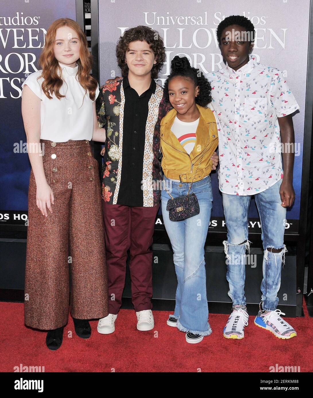 L-R) "Stranger Things" cast - Sadie Sink, Gaten Matarazzo, Priah Ferguson  and Caleb McLaughlin at the Universal Studios "Halloween Horror Nights”  Opening Night held at the Universal Studios Hollywood in Universal City,