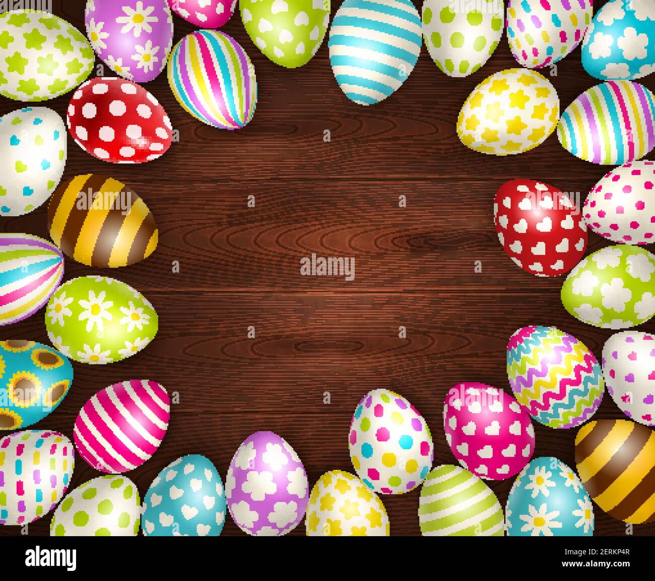 Realistic background with beautiful painted easter eggs on wooden surface vector illustration Stock Vector