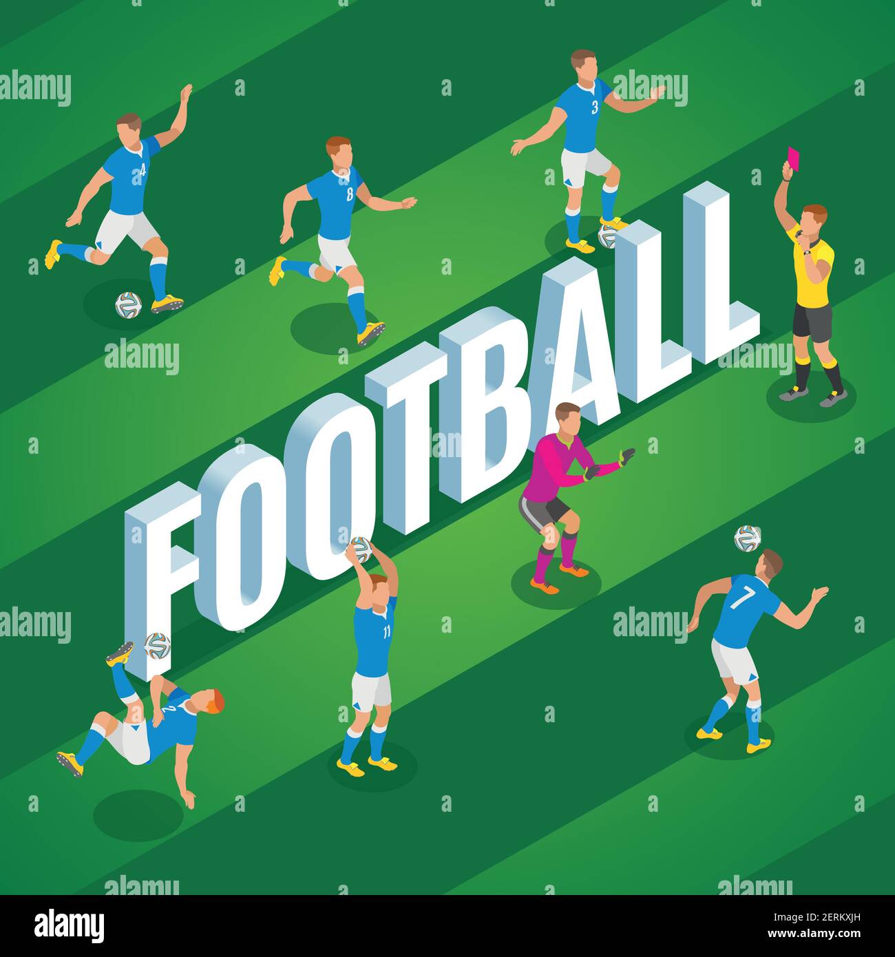 Football isometric background with players in motion kicking ball on