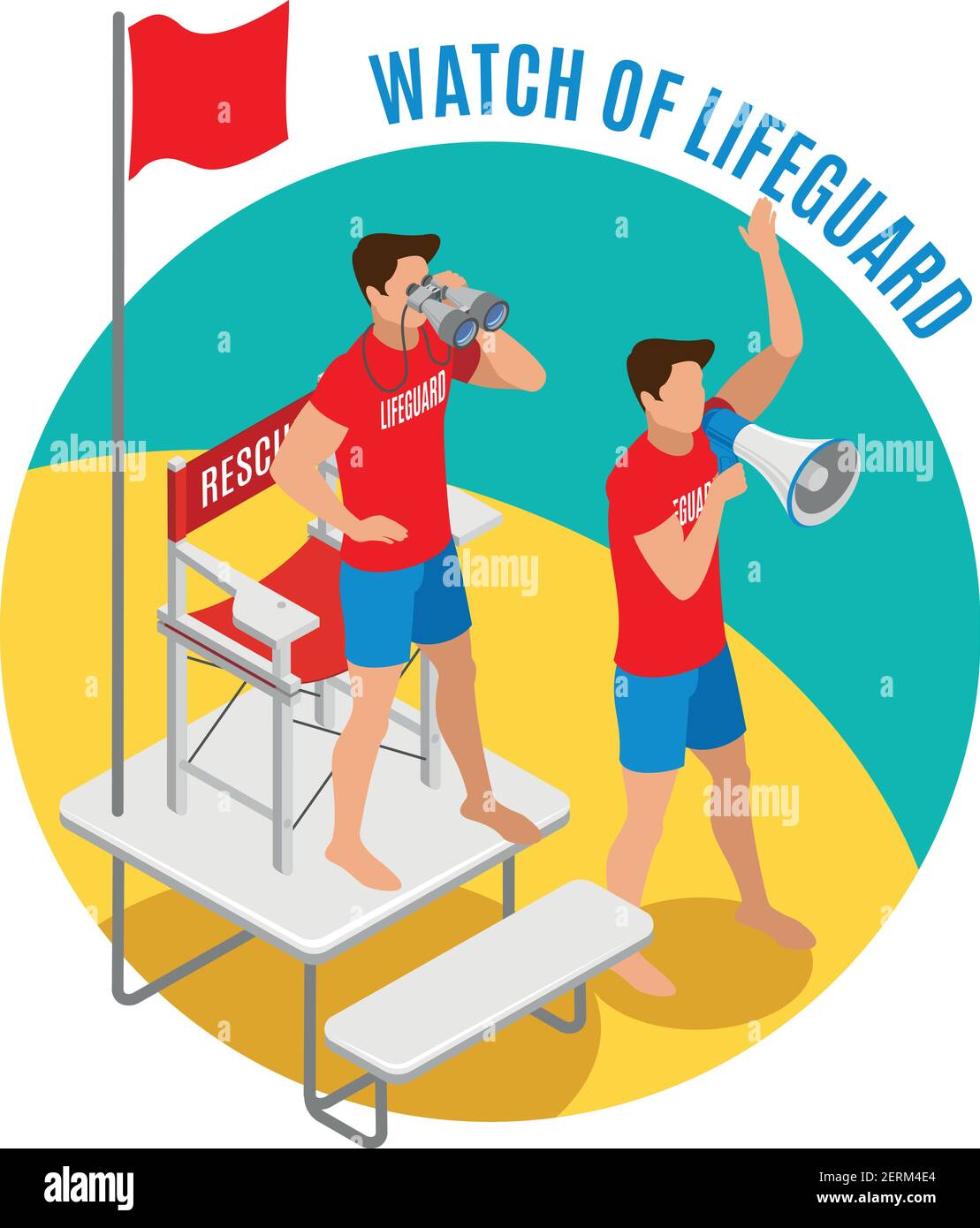 Watch of lifeguard round design concept with two savers near rescue chair holding binocular and loudspeaker isometric vector illustration Stock Vector