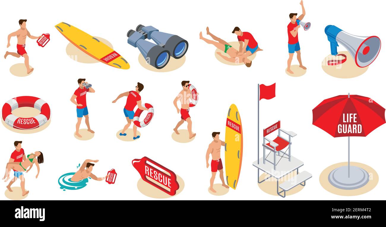 Beach lifeguards inventory isometric icons  set of binocular loudspeaker umbrella lifebuoy surfboard chair with flag isolated vector illustration Stock Vector