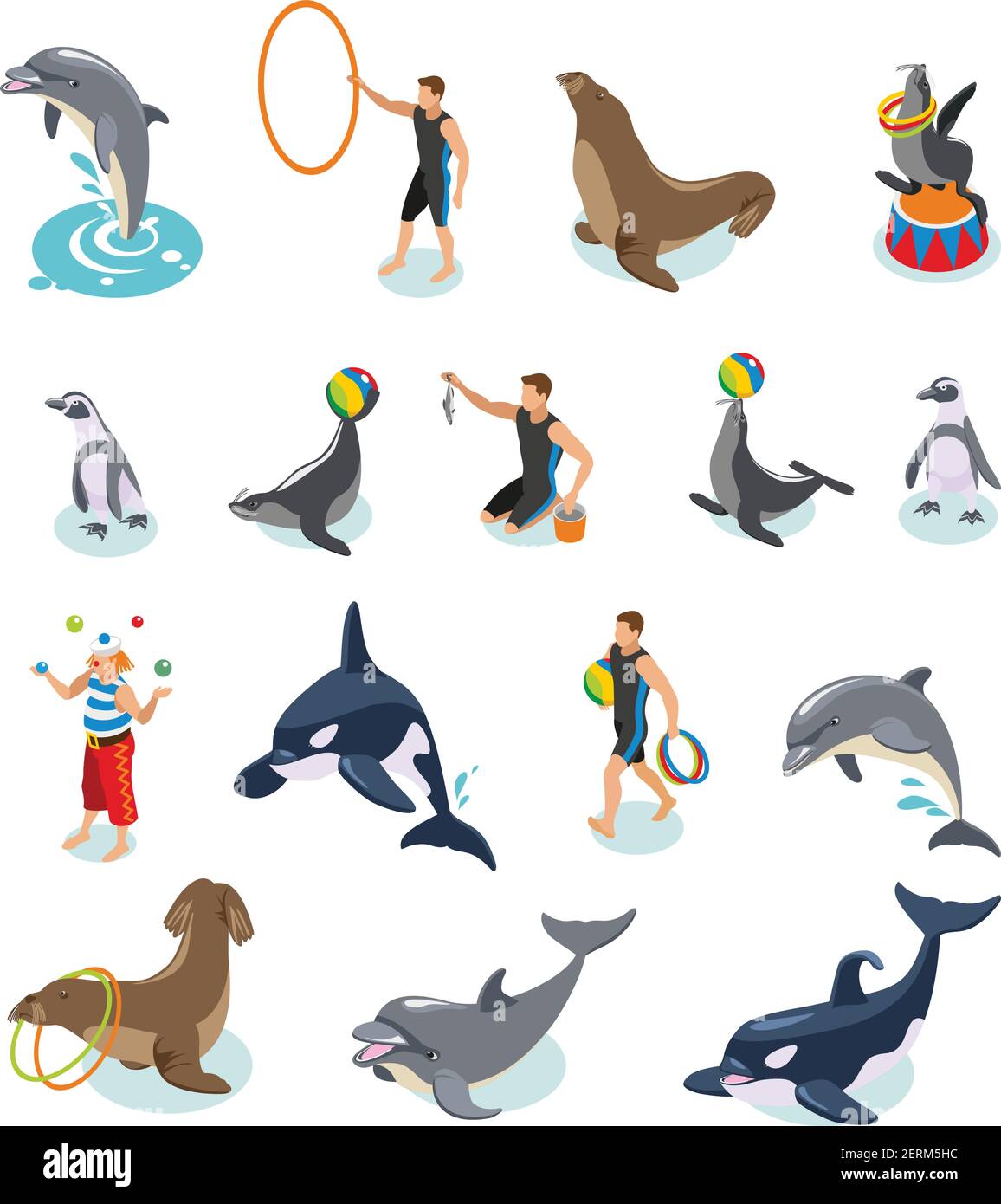 Sea circus isometric icons set of seals walrus penguins dolphin killer whale animal trainers and juggling clown isolated vector illustration Stock Vector