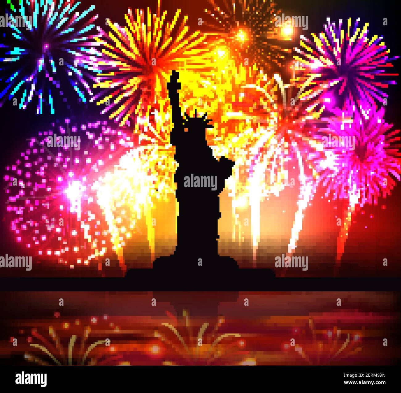 Independence day colorful poster with  statue of liberty silhouette on bright festive fireworks background realistic vector illustration Stock Vector