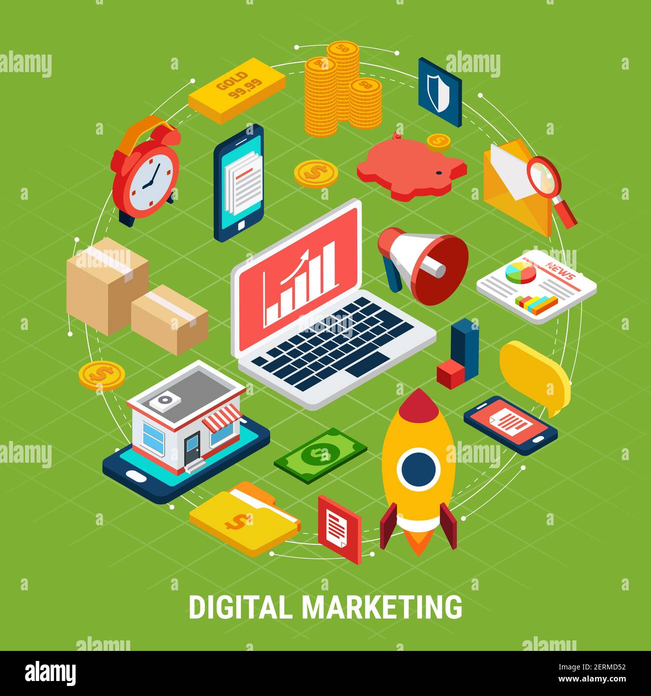 Colorful isometric concept with various digital marketing icons on ...