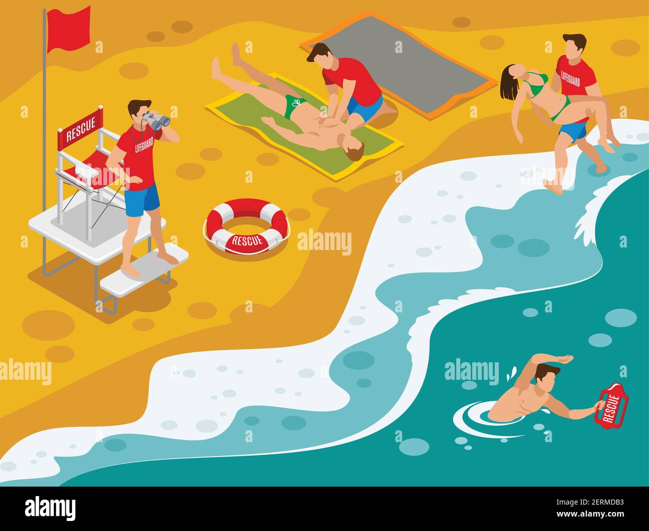 Beach lifeguards isometric composition with professional rescue team working with tourists caught in dangerous situation vector illustration Stock Vector