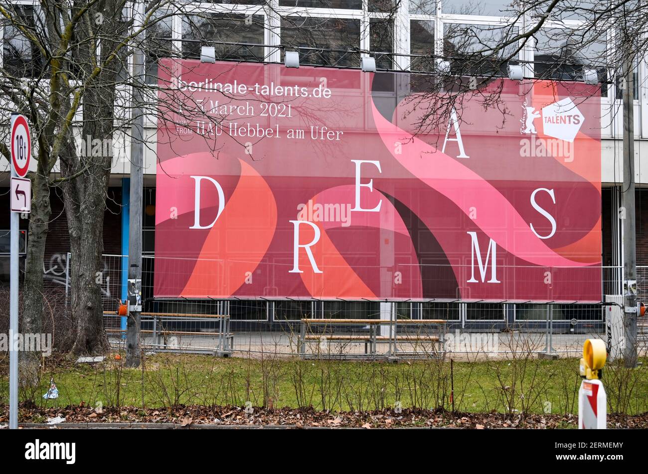 Berlin, Germany. 28th Feb, 2021. A poster with the letters of the word 'Dreams' of the Berlinale Talents can be seen at HAU2 Theater HAU - Hebbel am Ufer. It is an initiative of the Berlin International Film Festival (Berlinale) with the aim of networking selected talents from all over the world and bringing them together with renowned experts from the film industry. This year, Berlinale Talents is an online event for up-and-coming filmmakers. Credit: Jens Kalaene/dpa-Zentralbild/ZB/dpa/Alamy Live News Stock Photo