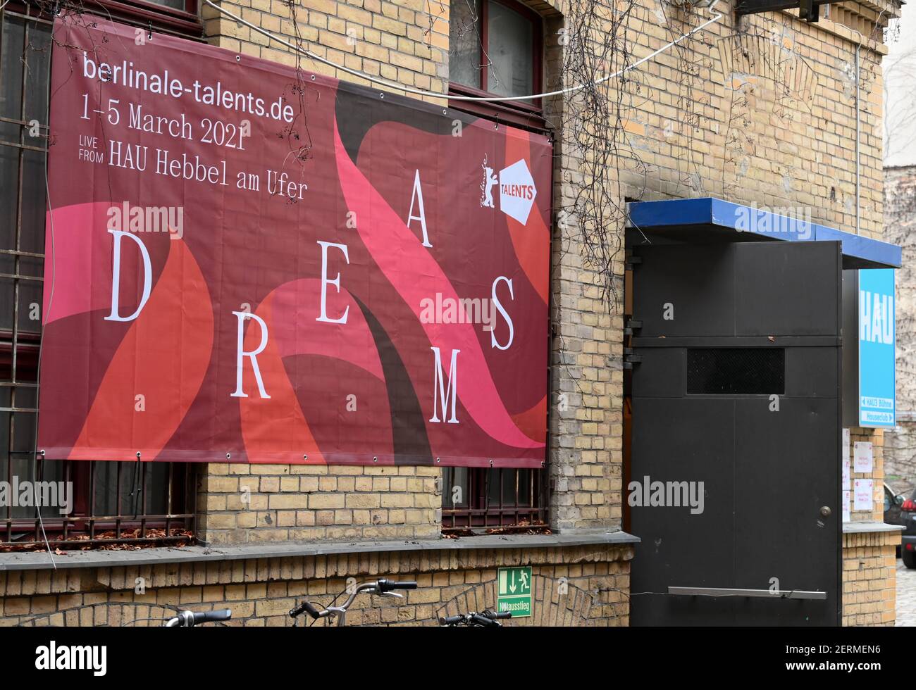 Berlin, Germany. 28th Feb, 2021. A poster with the letters of the word 'Dreams' of the Berlinale Talents can be seen at HAU3 Theater HAU - Hebbel am Ufer. It is an initiative of the Berlin International Film Festival (Berlinale) with the aim of networking selected talents from all over the world and bringing them together with renowned experts from the film industry. This year, Berlinale Talents is an online event for up-and-coming filmmakers. Credit: Jens Kalaene/dpa-Zentralbild/ZB/dpa/Alamy Live News Stock Photo
