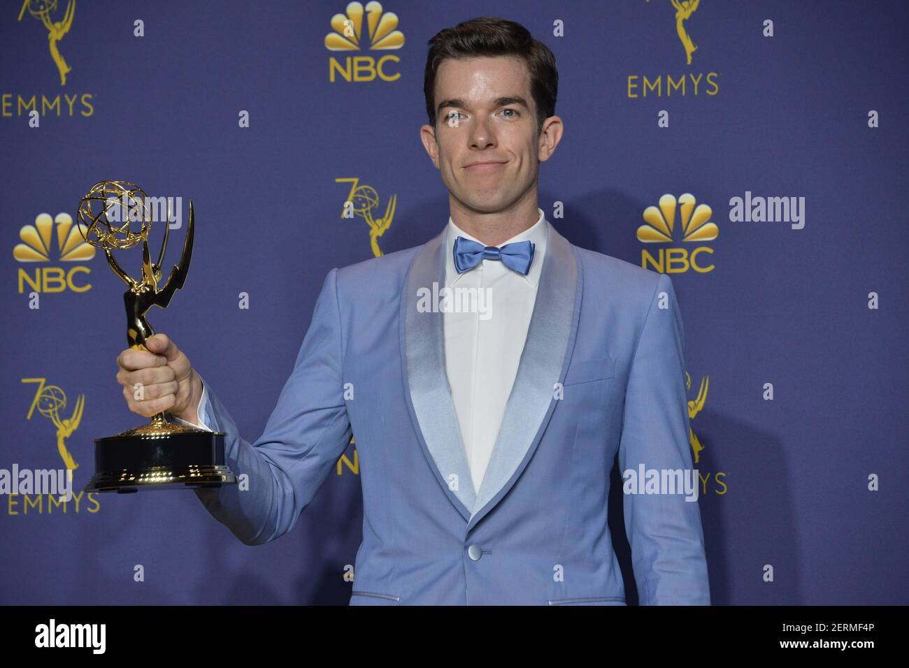 John Mulaney, winner of the award for outstanding writing for a variety  special for 'John Mulaney: Kid Gorgeous at Radio City' poses in the press  room at the 70th Primetime Emmy Awards