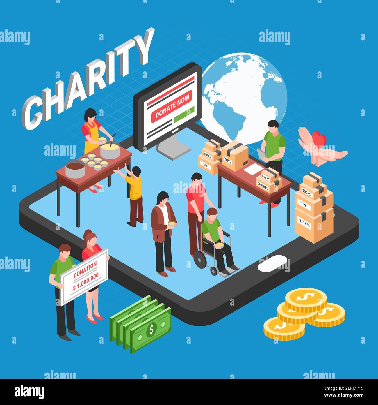 Charity isometric design concept with volunteers collecting funds to