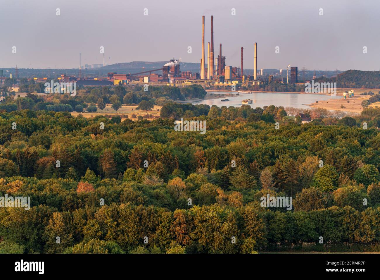 Moers, North Rhine-Westfalia, Germany - August 03, 2018: View over the Ruhr Area from Halde Rheinpreussen, looking northeast towards Duisburg, the Riv Stock Photo