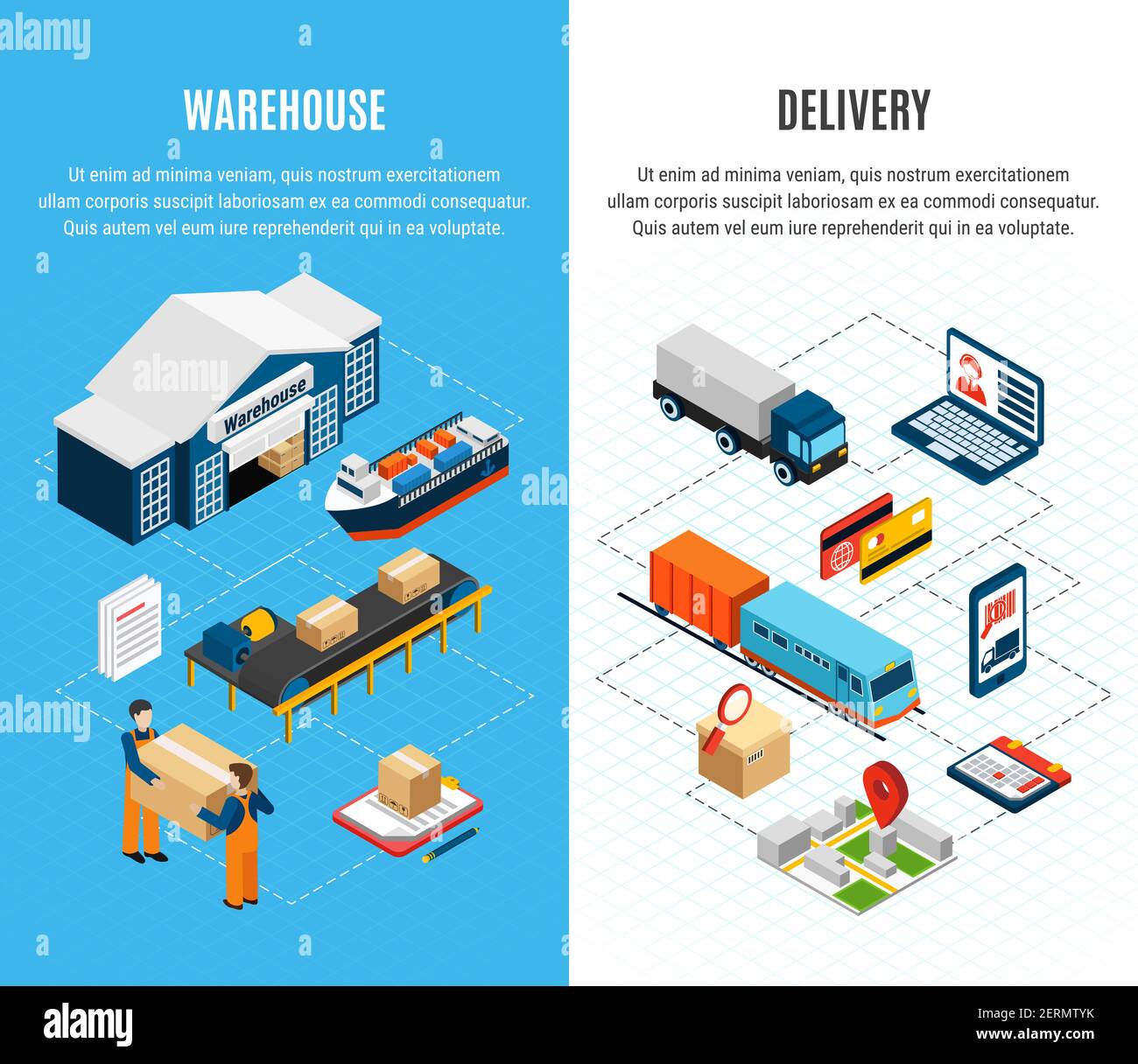 Logistics isometric horizontal banners with warehouse and delivery ...