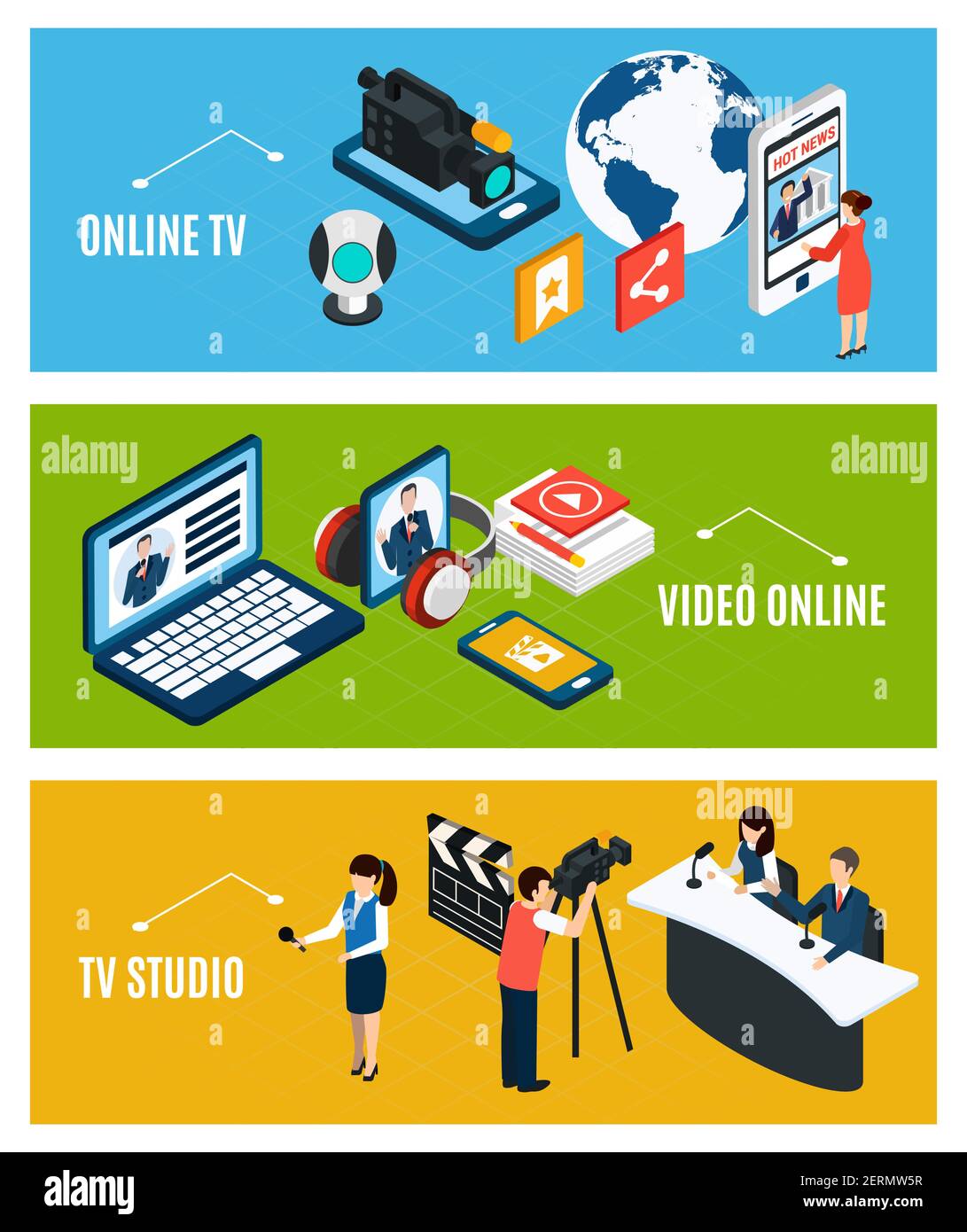 Set of three horizontal photo video isometric banners with pictogram ...