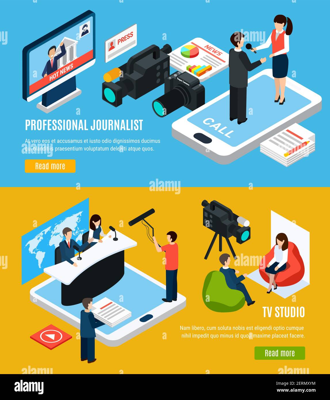 Set of two horizontal photo video isometric banners with read more ...