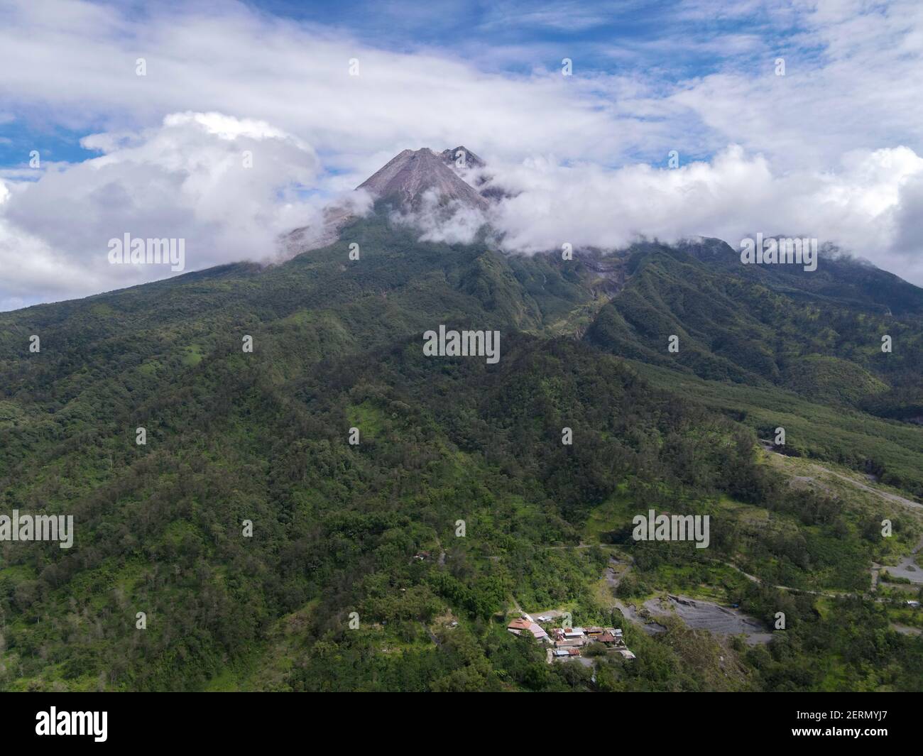 Aerial view of Mount Merapi Landscape with rice field and village in ...