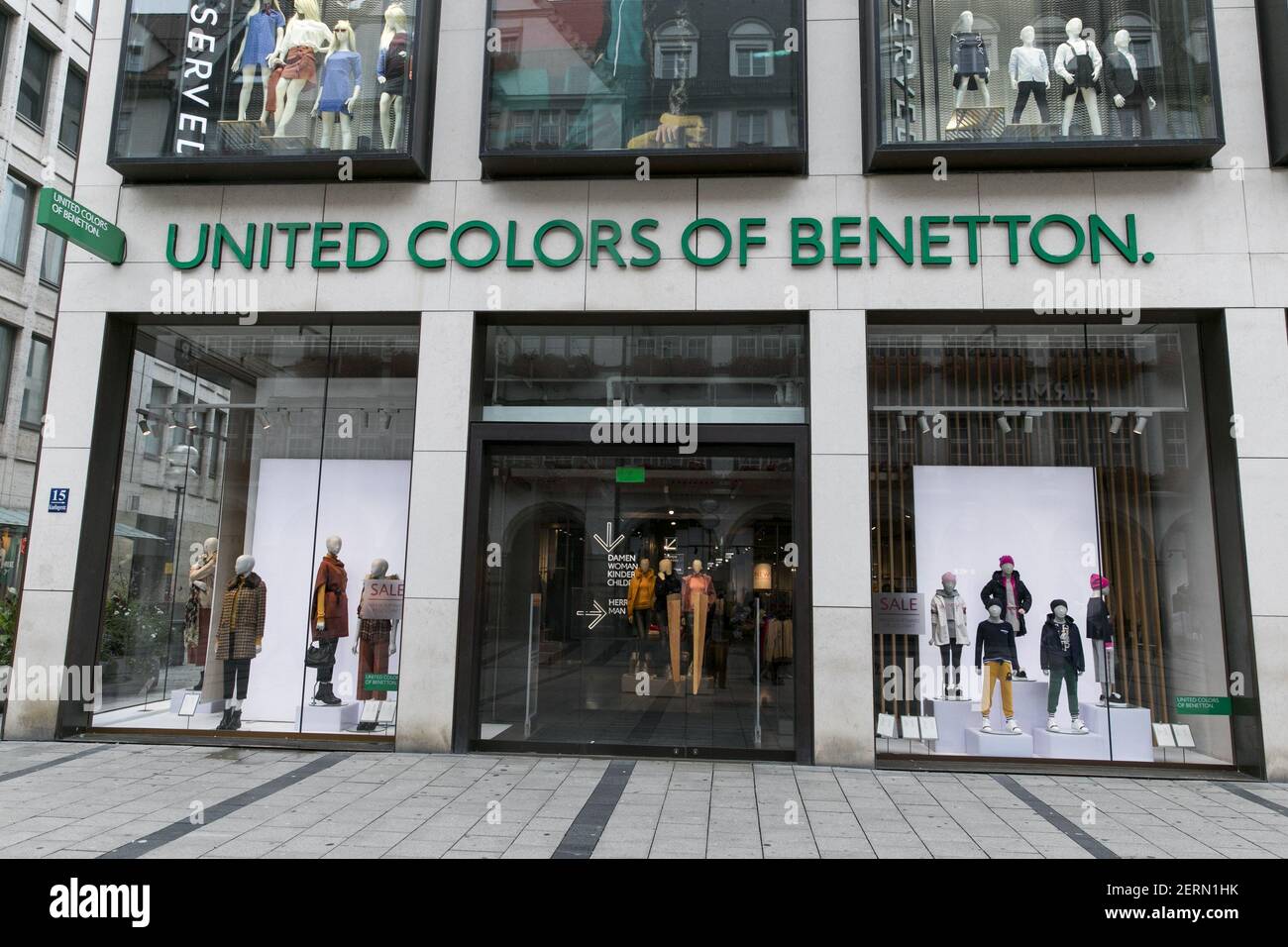 A logo sign outside of a United Colors of Benetton retail store in Munich,  Germany, on September 2, 2018. (Photo by Kristoffer Tripplaar/Sipa USA  Stock Photo - Alamy