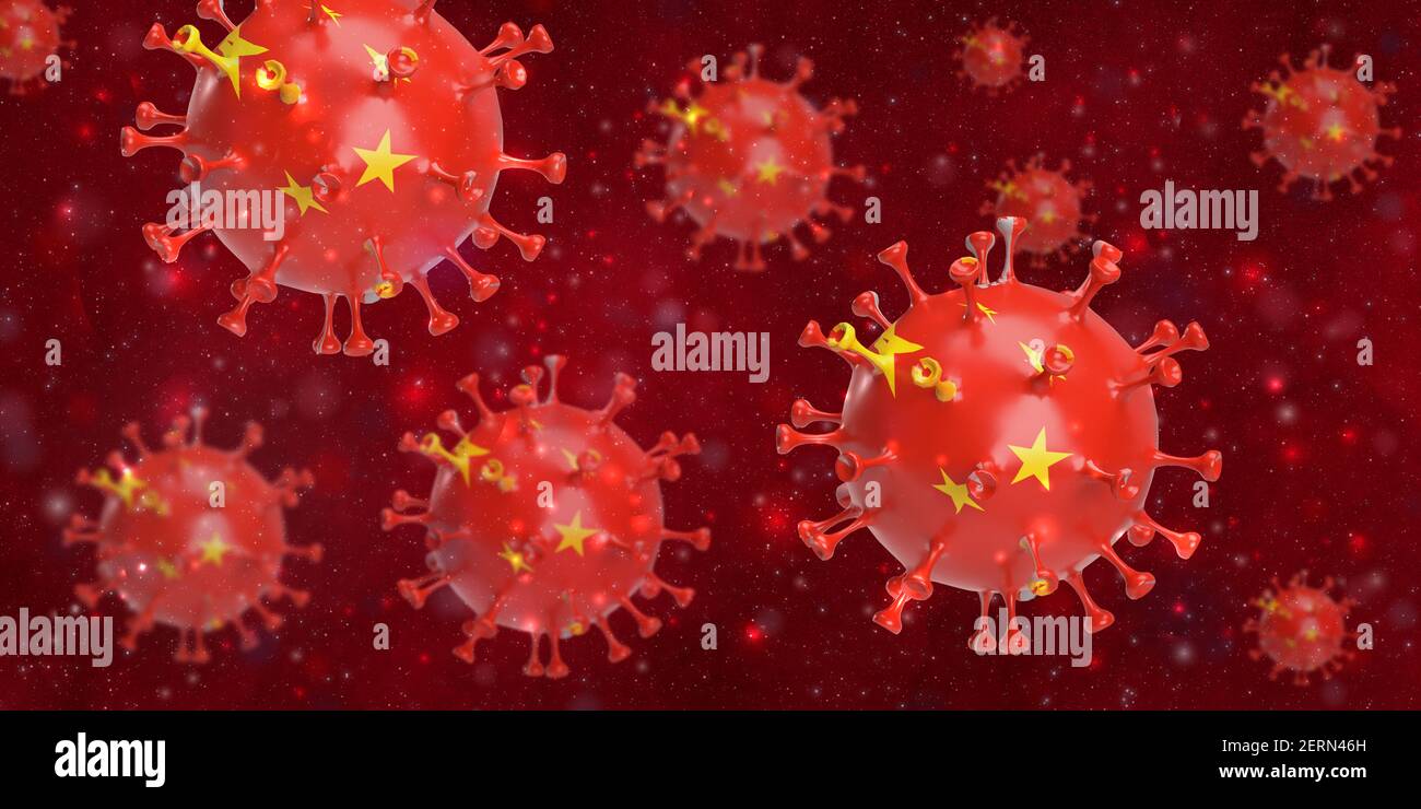 Global healthcare crisis in Covid-19 and vaccine concept: 3d rendered coronavirus cells with Chinese flag floating in bloodstream background. National Stock Photo