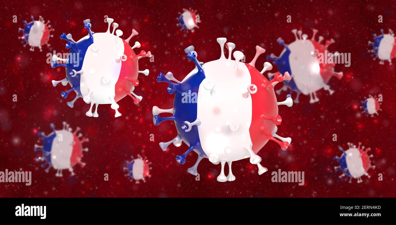 Global healthcare crisis in Covid-19 and vaccine concept: 3d rendered coronavirus cells with French flag floating in bloodstream background. National Stock Photo