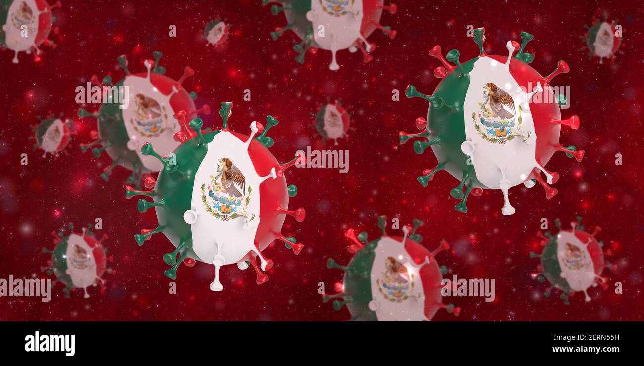 Global healthcare crisis in Covid-19 and vaccine concept: 3d rendered coronavirus cells with Mexican flag floating in bloodstream background. National Stock Photo