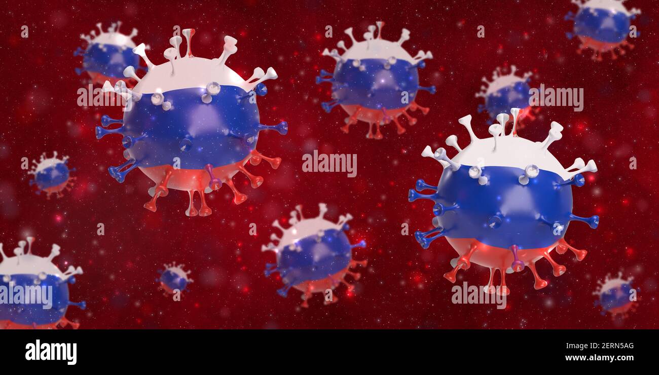 Global healthcare crisis in Covid-19 and vaccine concept: 3d rendered coronavirus cells with Russian flag floating in bloodstream background. National Stock Photo