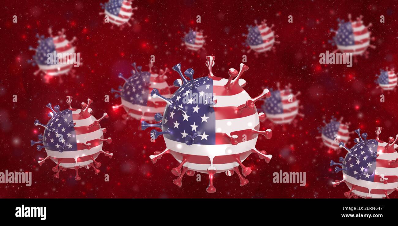 Global healthcare crisis in Covid-19 and vaccine concept: 3d rendered coronavirus cells with US American flag floating in bloodstream background Stock Photo