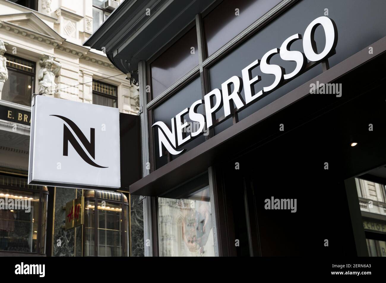 A logo sign outside of a Nespresso retail store in Vienna, Austria, on  September 4, 2018. (Photo by Kristoffer Tripplaar/Sipa USA Stock Photo -  Alamy