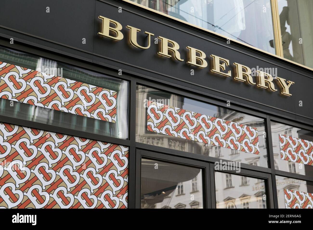 A logo sign outside of a Burberry Group retail store in Vienna, Austria, on  September 4, 2018. (Photo by Kristoffer Tripplaar/Sipa USA Stock Photo -  Alamy