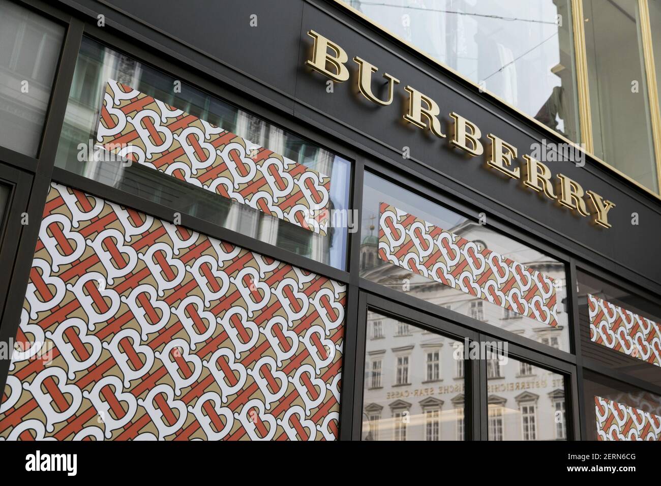 A logo sign outside of a Burberry Group retail store in Vienna, Austria, on  September 4, 2018. (Photo by Kristoffer Tripplaar/Sipa USA Stock Photo -  Alamy