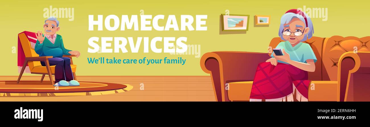 Homecare services poster. Social service for aid and care for old patients at home. Vector flyer with cartoon illustration of elder man sitting in armchair and woman with mobile phone on sofa Stock Vector