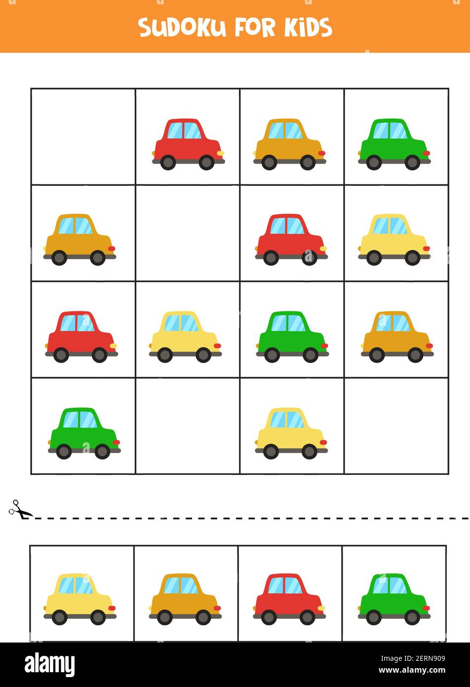 Sudoku for preschool kids. Logical game with colorful cartoon cars. Stock Vector