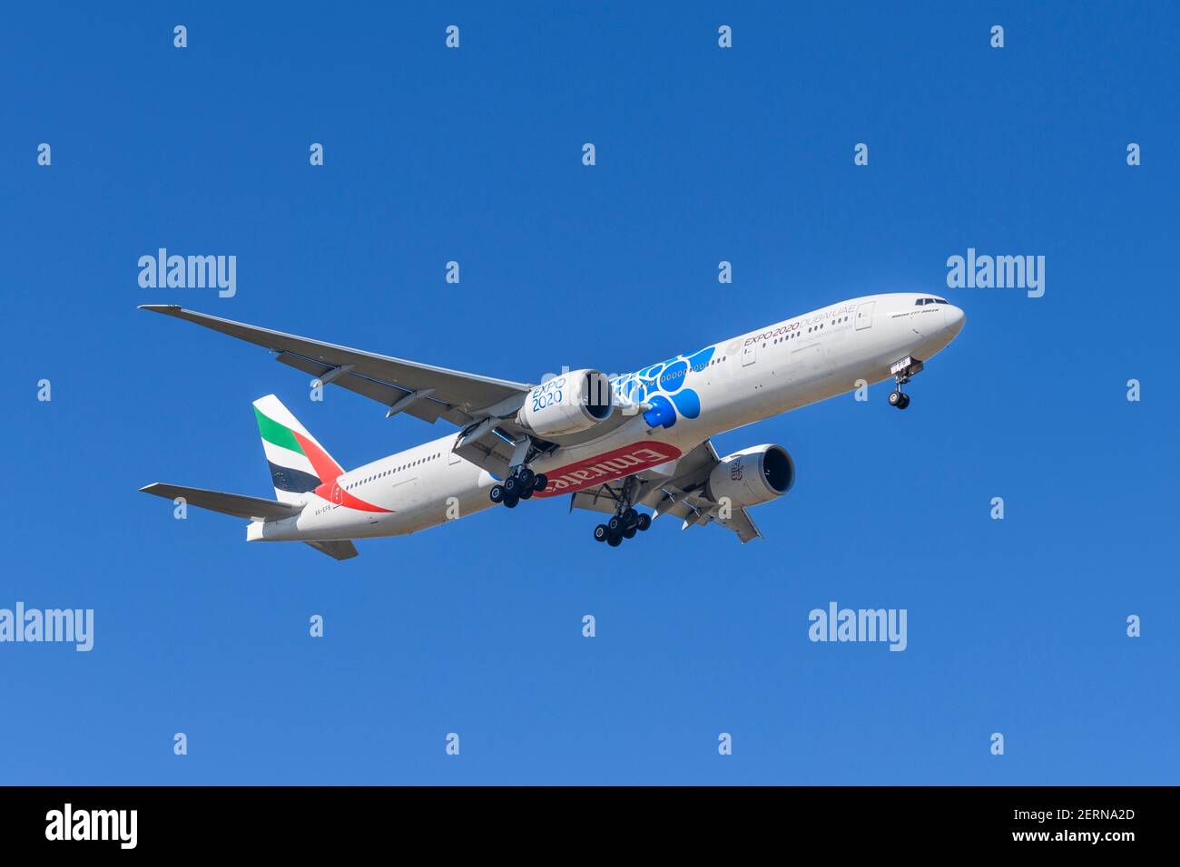 Munich, Germany - February 28. 2021: Emirates Boeing 777-31H with the aircraft registration A6-EPB in the approach to the southern runway 08R of the M Stock Photo