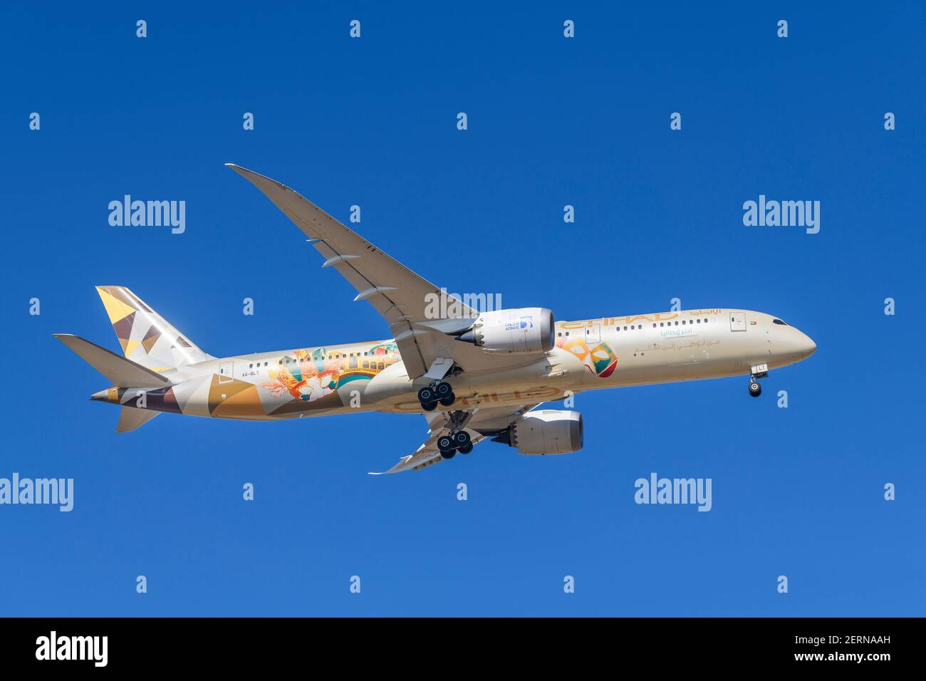 Munich, Germany - February 28. 2021: Etihad Airways Boeing 787-9 Dreamliner with the aircraft registration A6-BLT in the approach to the southern runw Stock Photo