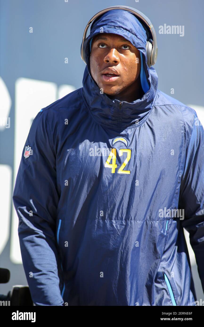 November 18, 2018 Carson, CALos Angeles Chargers linebacker Uchenna  Nwosu #42 during the NFL Denver Broncos vs Los Angeles Chargers at the  Stubhub Center in Carson, Ca on November 18, 2018 (Photo