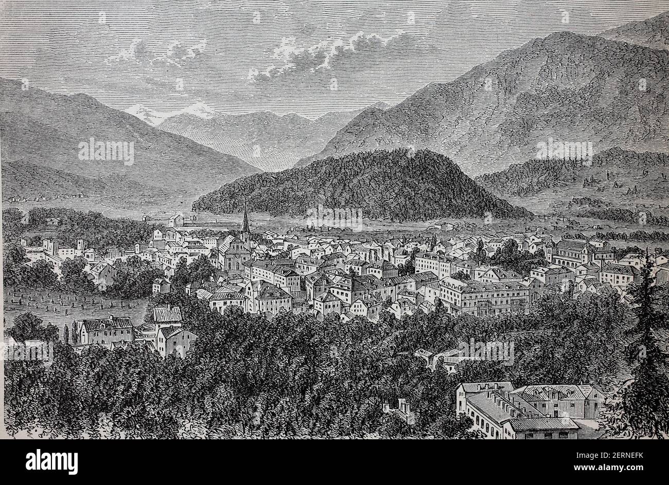 The town of Ischl, Bad Ischl, in Austria, in 1880  /  Die Stadt Ischl, Bad Ischl, in oesterreich, im Jahre 1880, Historisch, historical, digital impro Stock Photo