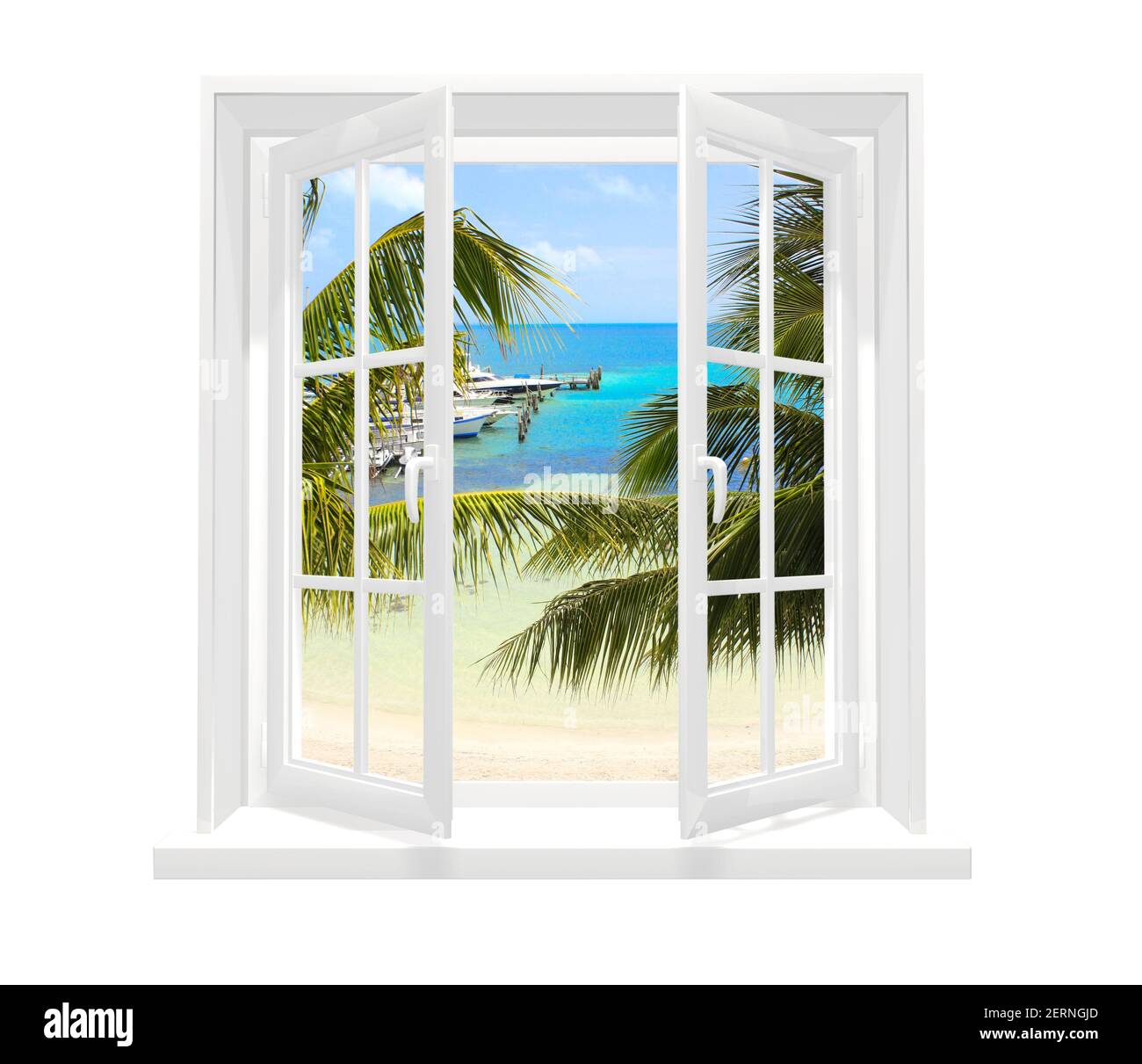 View of ocean through window. Sea view room. Travel, resort, vacation and holiday concept. Beautiful tropical sea view at window in resort. Isolated o Stock Photo