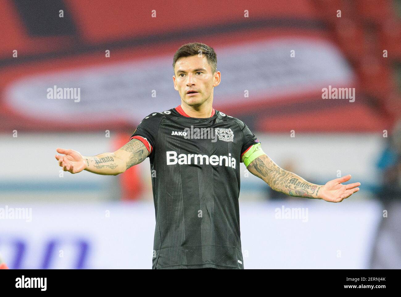 Charles ARANGUIZ (LEV) at a loss, gesture, gesture, Soccer Europa League, Round of 32 return match, Bayer 04 Leverkusen (LEV) - Young Boys Bern 0: 2, on February 25th, 2021 in Leverkusen/Germany. Â | usage worldwide Stock Photo