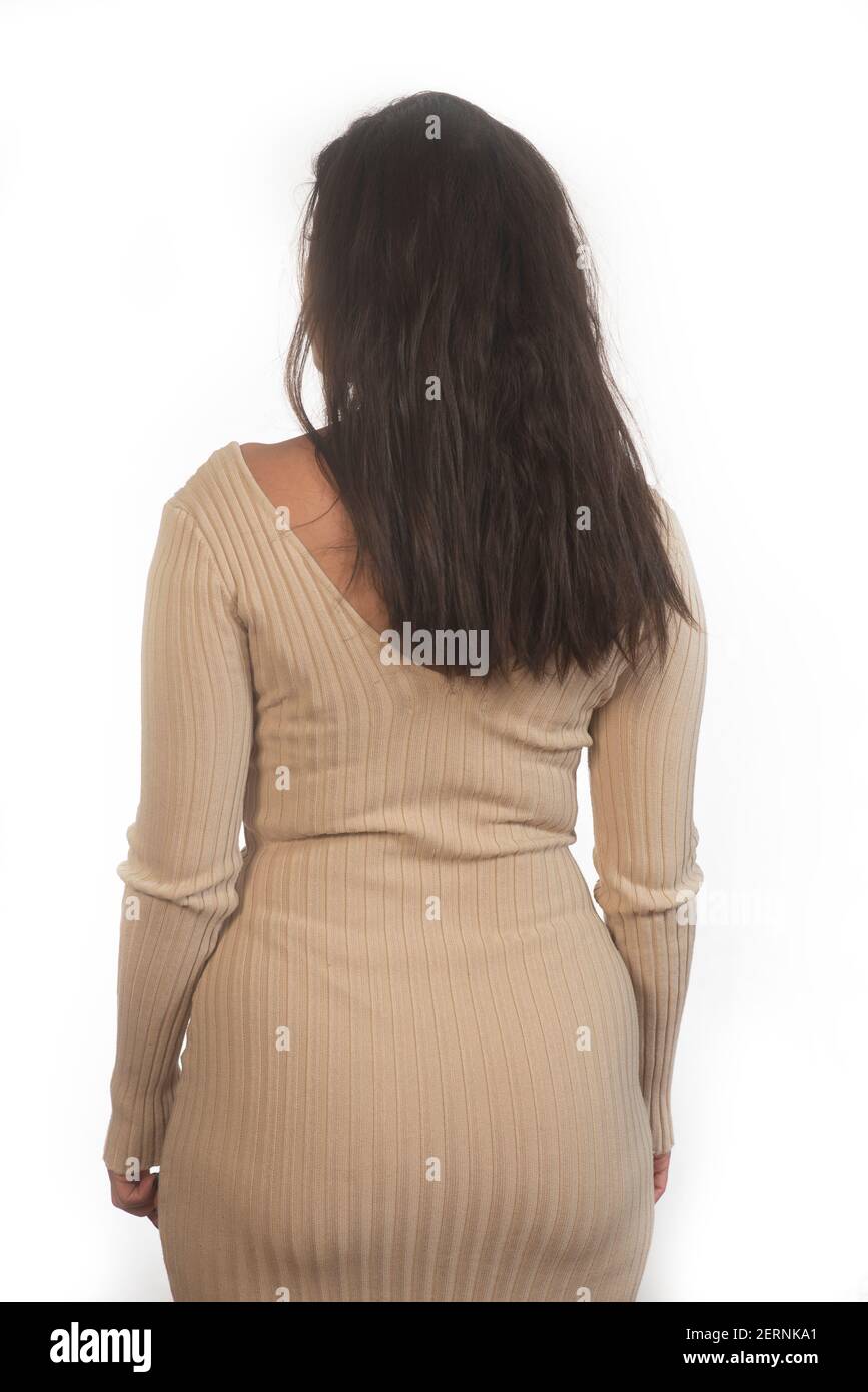 Rear view of woman with black hair against white background Stock Photo ...