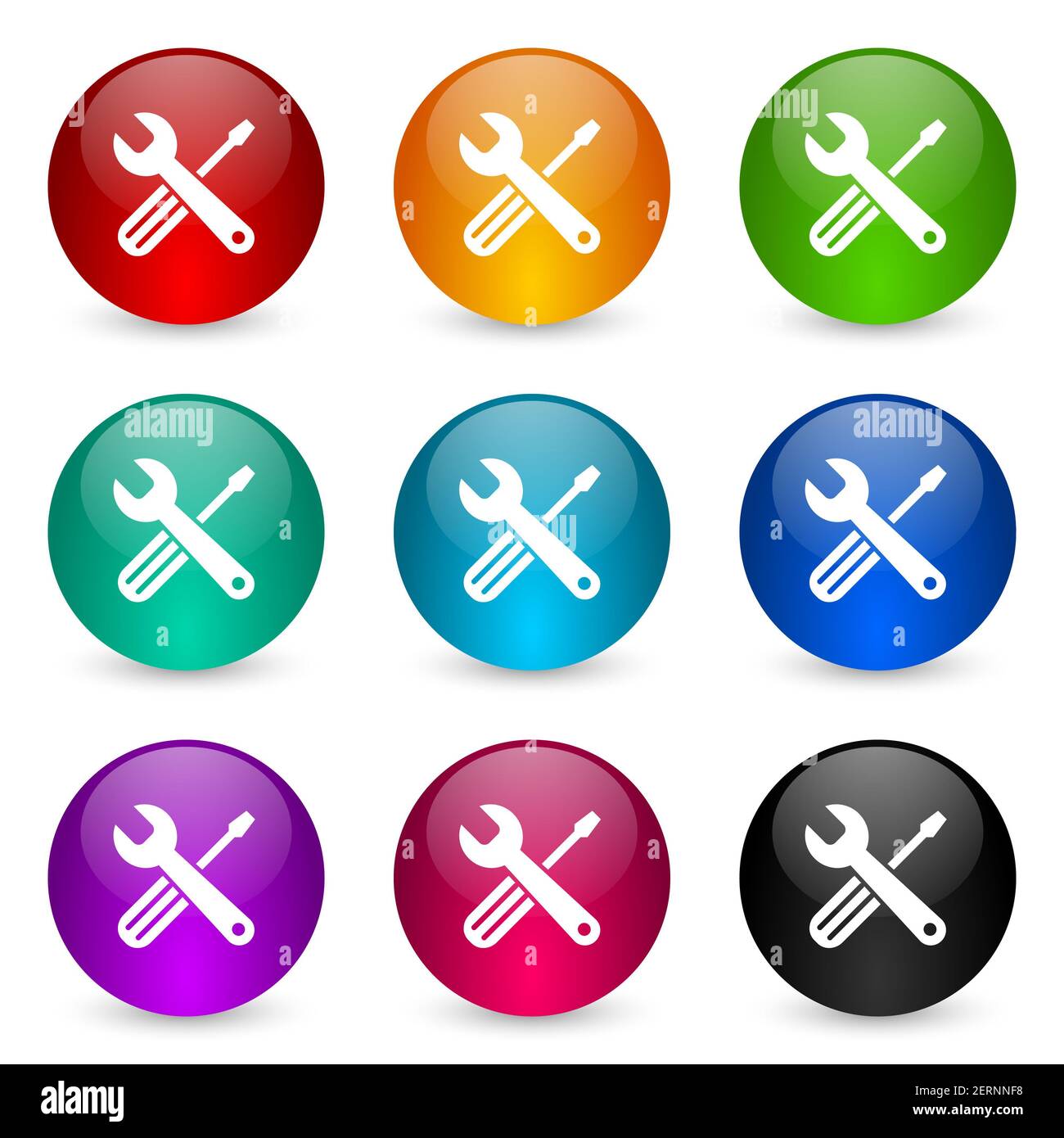 Tools icon set, colorful glossy 3d rendering ball buttons in 9 color ...