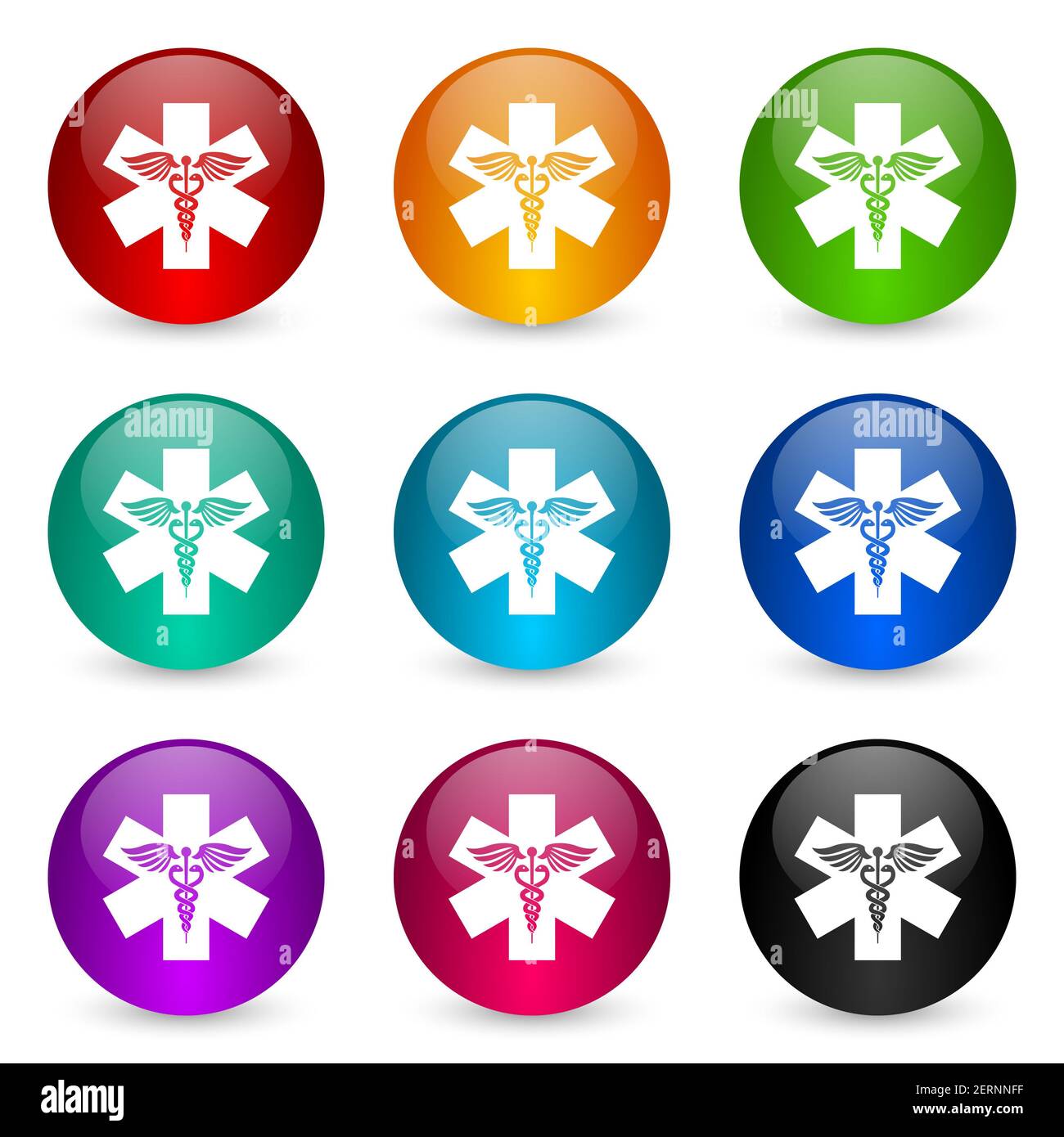 Emergency icon set, colorful glossy 3d rendering ball buttons in 9 ...