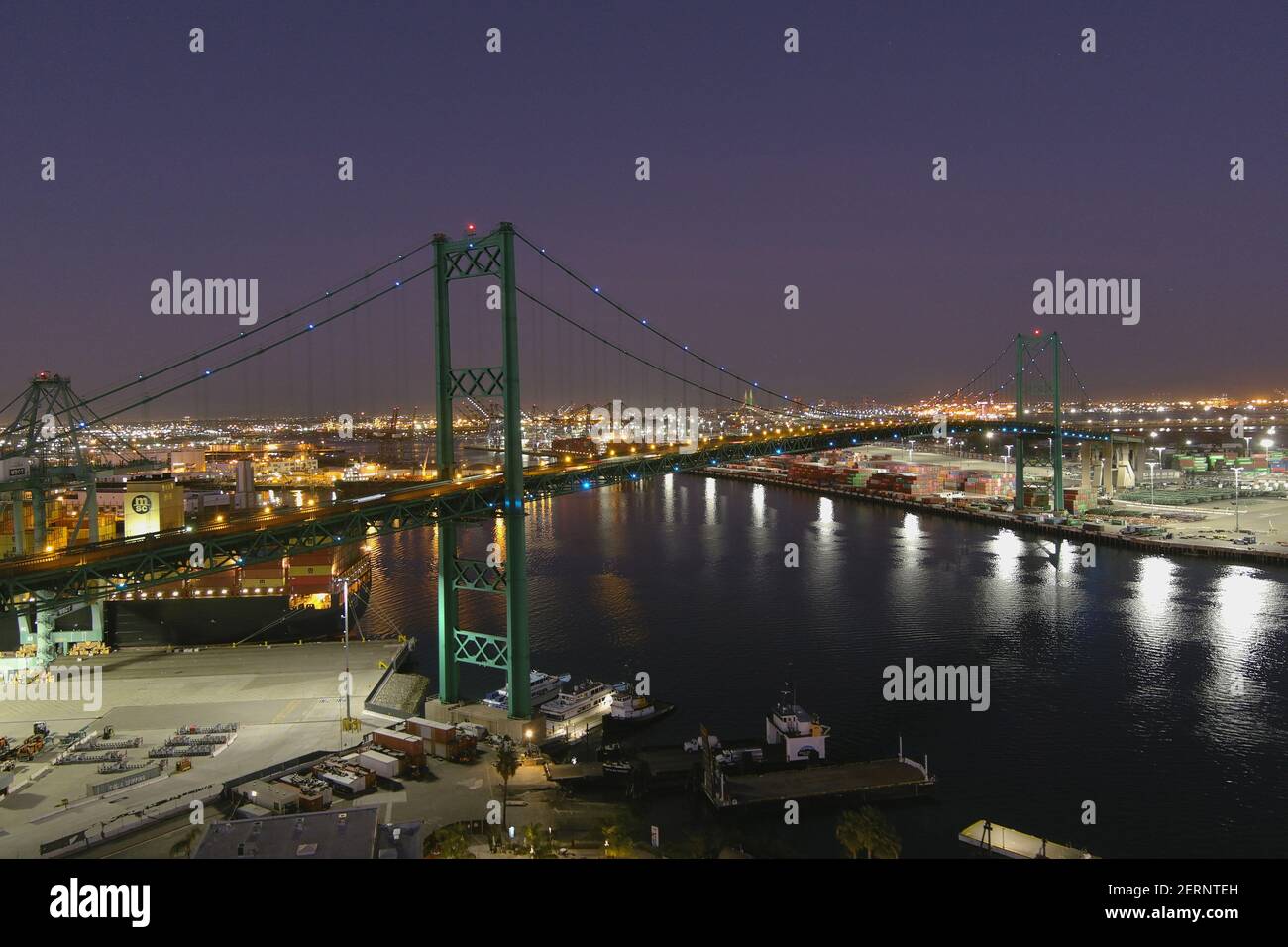 An aerial view of the Vincent Thomas Bridge, Sunday, Feb. 28, 2021, in San Pedro, Calif. Stock Photo