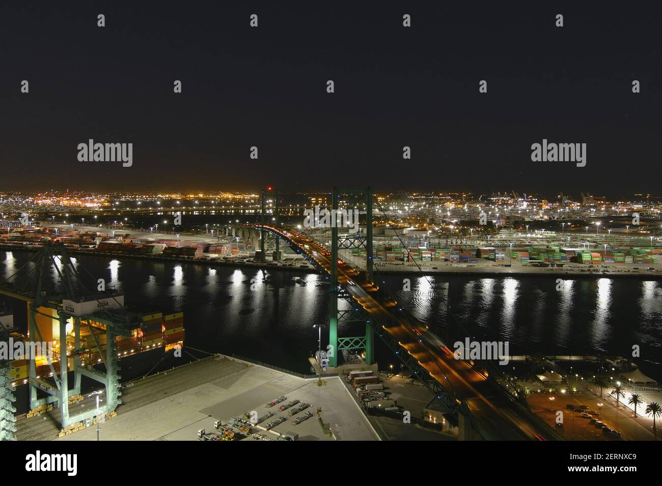 An aerial view of the Vincent Thomas Bridge, Sunday, Feb. 28, 2021, in San Pedro, Calif. Stock Photo