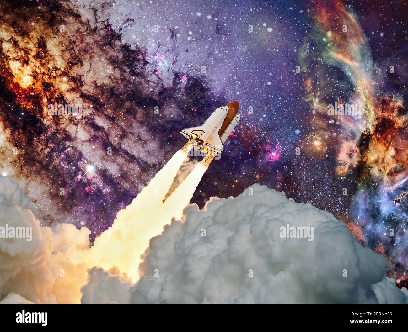 Spaceship takes off into the starry sky. Launch of Space . Elements of this image furnished by NASA Stock Photo