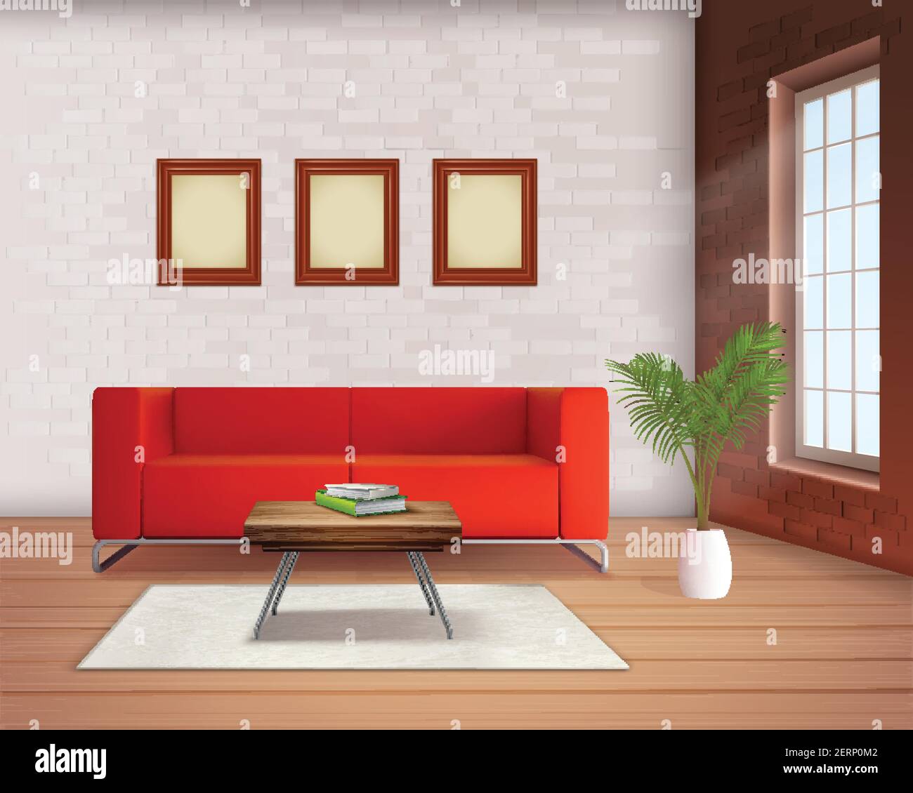 Contemporary home interior design element with red sofa accent in ...