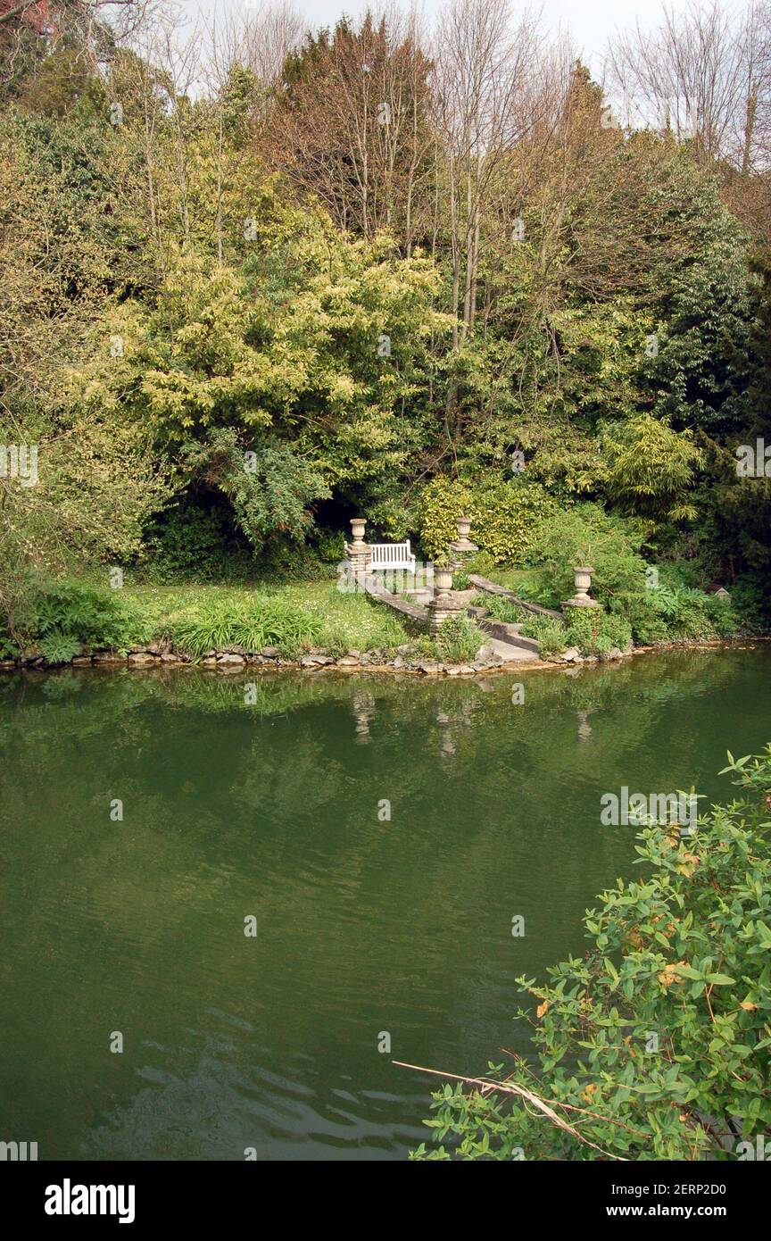 View of the large pond in the village of Bonchurch on the Isle of Wight. The pond was donated to the people of Bonchurch by the author Henry de Vere S Stock Photo